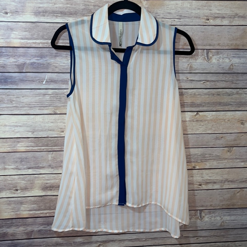 ⭐️ Paper Crane Sheer Chiffon Pink Striped Blouse Size Medium Blue Trim Button A1